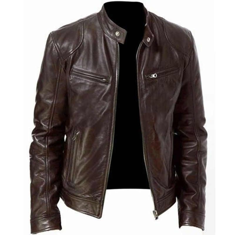 Miniaturebillede: 2023 Mens Fashion Leather Jacket Slim Fit Stand Collar PU Jacket Male Anti-wind
