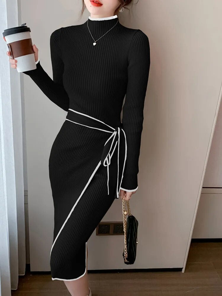 Imej kecil: Women Knitted Dress New Autumn Winter Slim Lace-Up Long Sleeve Bottoming Sweate
