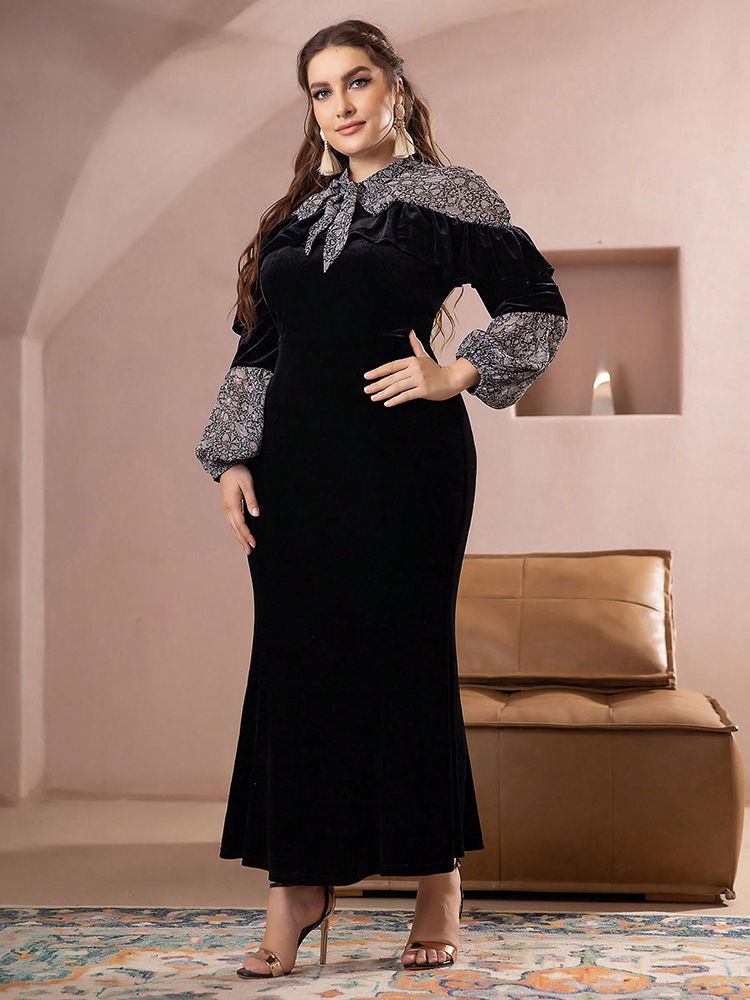 Miniatura: TOLEEN Women Plus Size Maxi Dresses Black Sexy Ladies Stand Collar Fishtail Dre