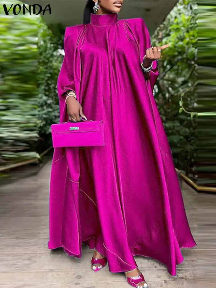 Miniatura: Plus Size 5XL VONDA 2023 Women Stand Collar Elegant Satin Dress Long Bat Sleeve