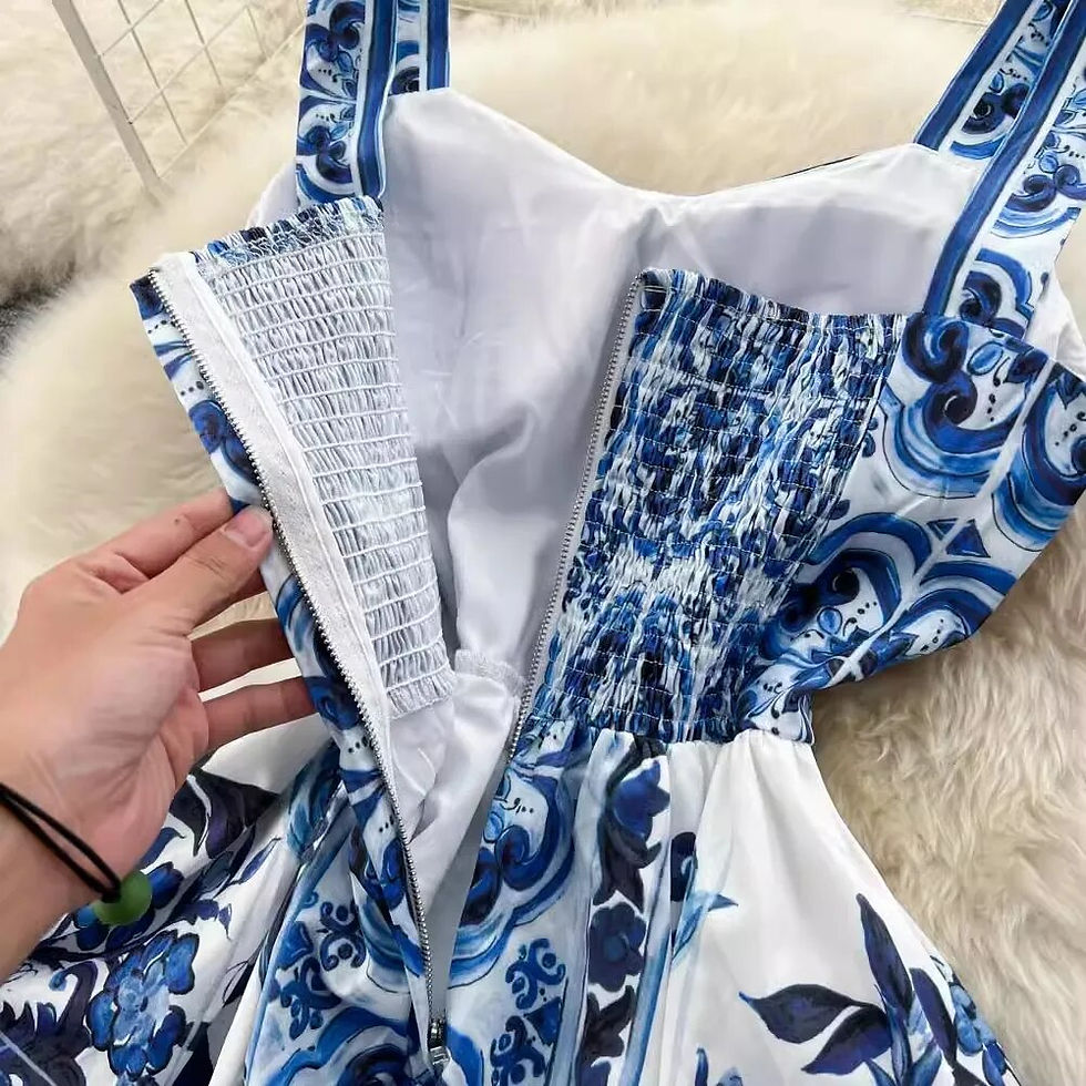 Thumbnail: Summer Hoiday Blue And White Porcelain Flower Printing Cotton Dress Women Spagh