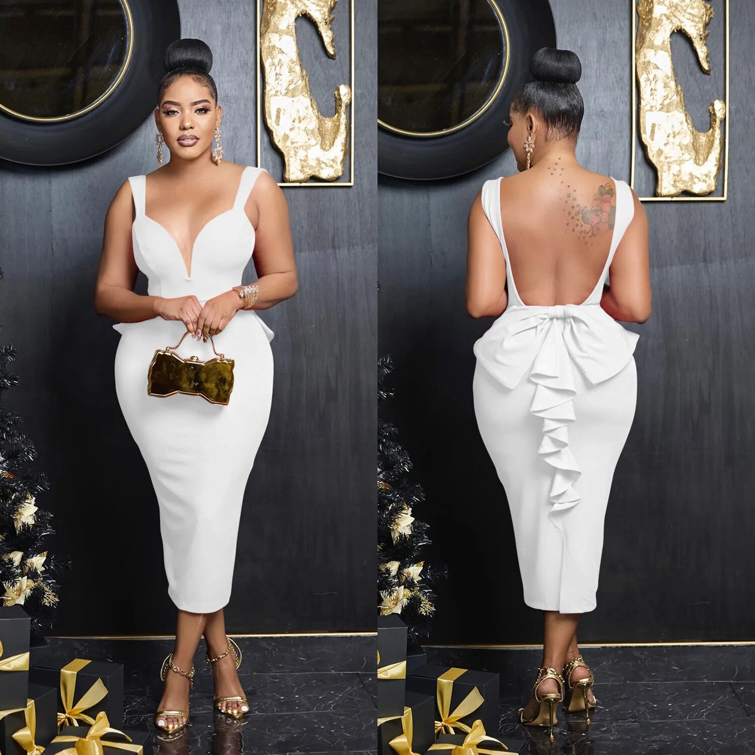 White Midi Dresses Summer Deep V Neck Bowtie Backless Long Wedding Party Female