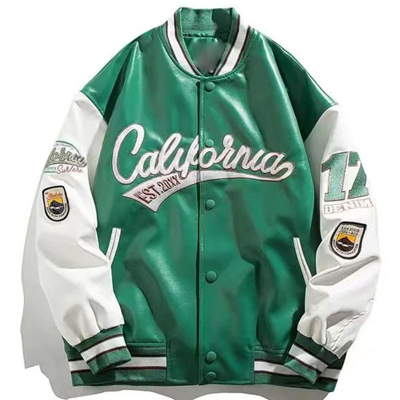 Thumbnail: Embroidery Pilot Baseball Jacket Men Hip-Hop Streetwear PU Leather Varsity Bomb
