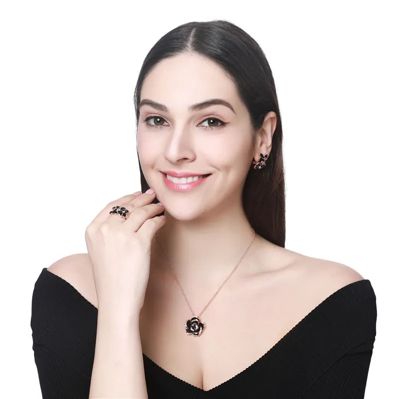 Thumbnail: Fashion Rose Flower Enamel Jewelry Set Rose Gold Color Black Bridal Jewelry Set