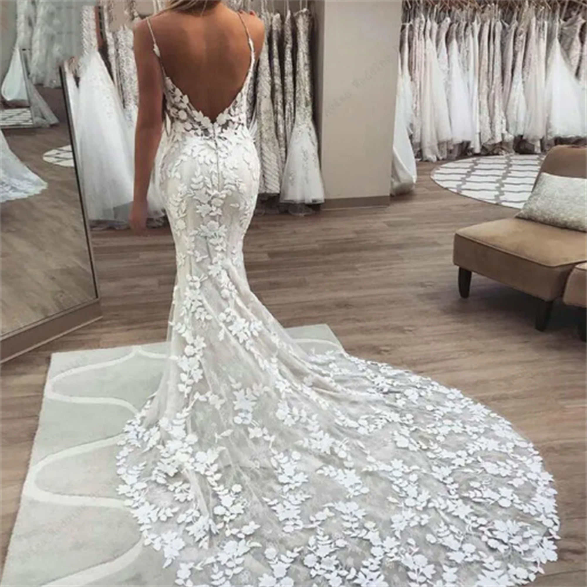 Boho Lace Appliques Wedding Dress Mermaid Bridal Dresses 2024 Spaghetti Straps