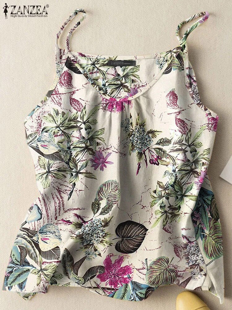 ZANZEA Bohemian Floral Printed Tank Tops Summer Casual Sleeveless Spaghetti Ves