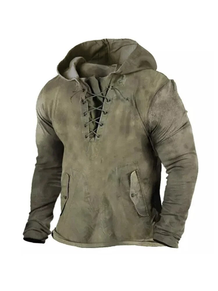 Thumbnail: Men's Pollover Hoodie 2023 Autumn New Long Sleeve Drawstring Retro Cotton Casua