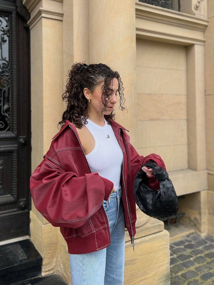 Miniature : Women Wine Red Zipper Leather Jacket Casual Long Sleeve Lapel Cropped Coat Vint