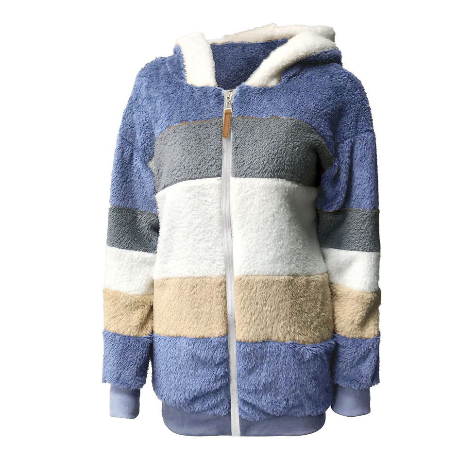 Pikkukuva: Women Winter Coat Warm Patchwork Zipper Pocket Striped Hooded Faux Fur Long Sle