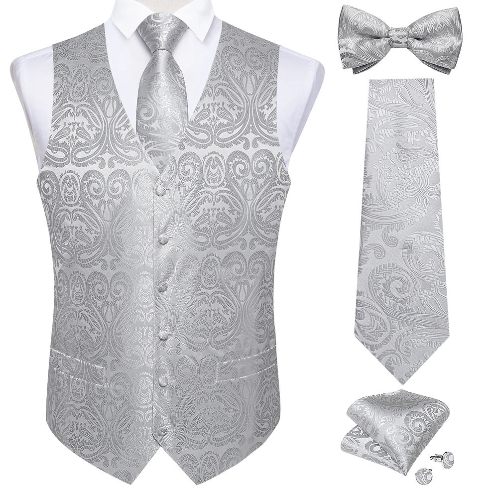 Miniatyrbild: Men Black Paisley Vest Necktie Bowtie Pocket Square Cufflinks Dress Set жилетка