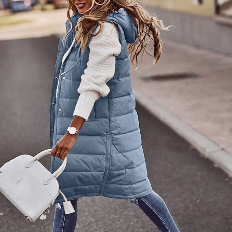 Thumbnail: Long with Hood Outdoor Vest Down Women's Jacket Quilted Coat Sleeveless Jacket 