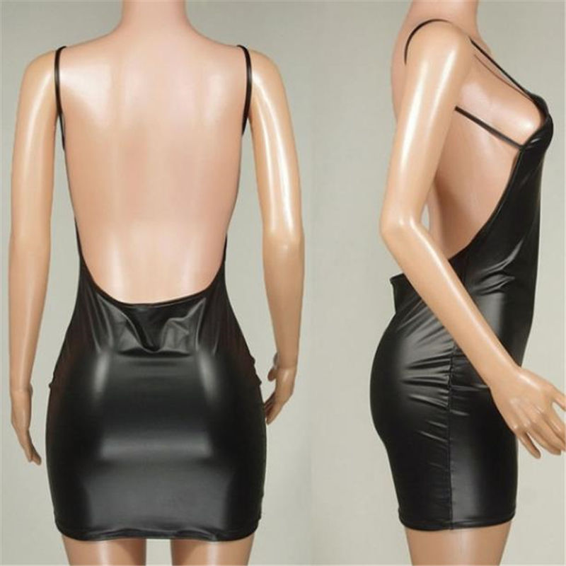 Thumbnail: Sexy Faux Leather Dress Backless Club Party Short Dress Solid Black Wet Look La