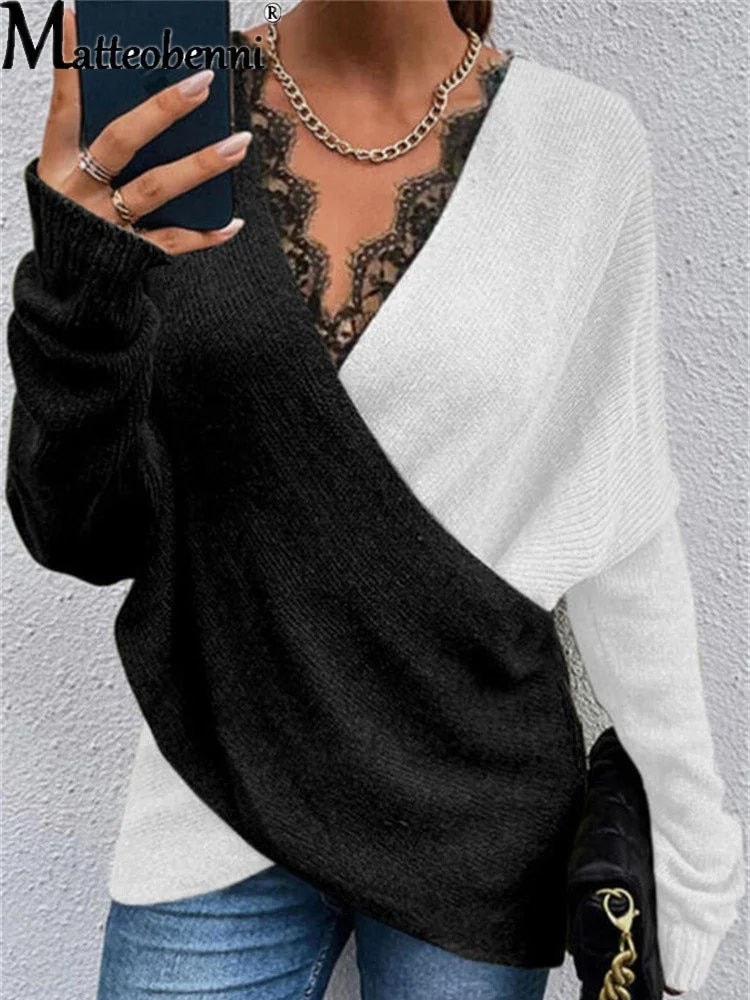 Miniatura: 2024 Autumn Lace V-Neck Sweater Women Loose Knitting Sweater Oversized Pullover