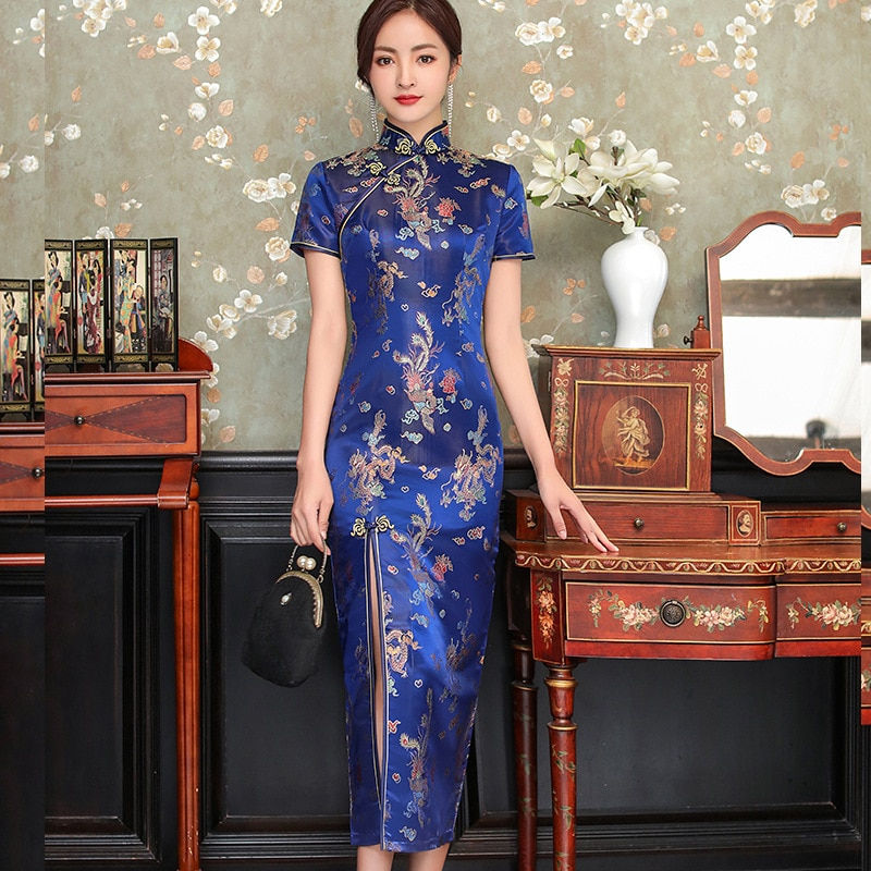 Miniatura: Elegant New Brocade Satin Long Fork Cheongsam Chinese Classic Women's Qipao Sho