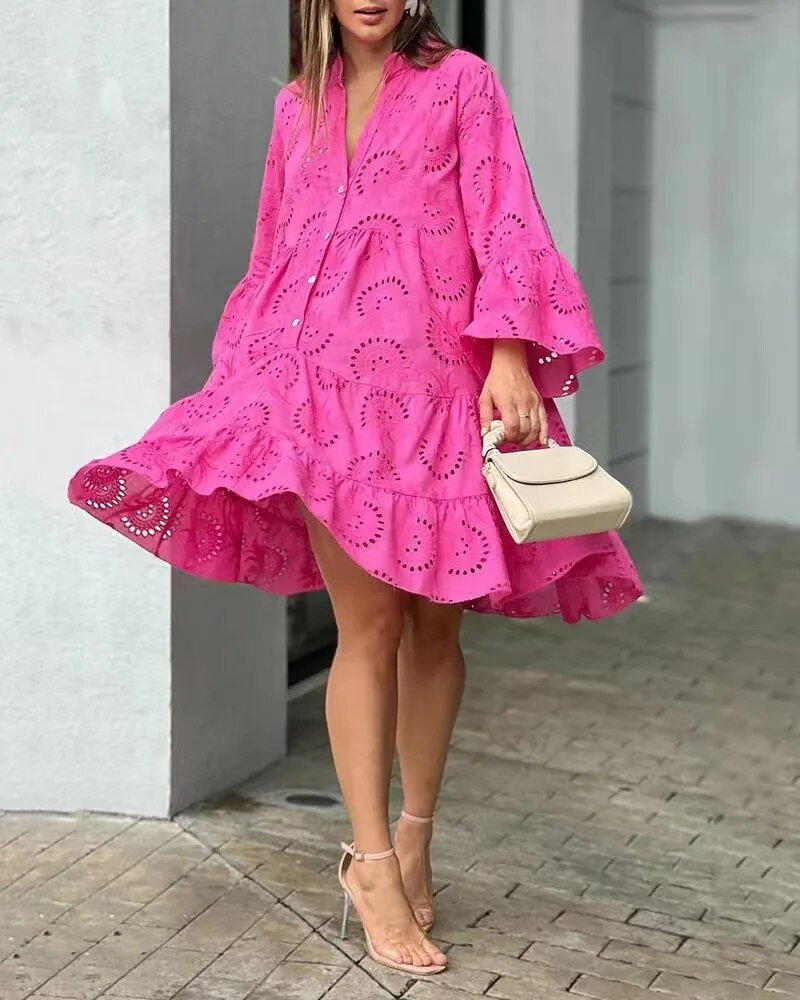 Thumbnail: Hollow Out Dresses for Women Summer Autumn Elegant Vintage Solid Lace Dress V-n