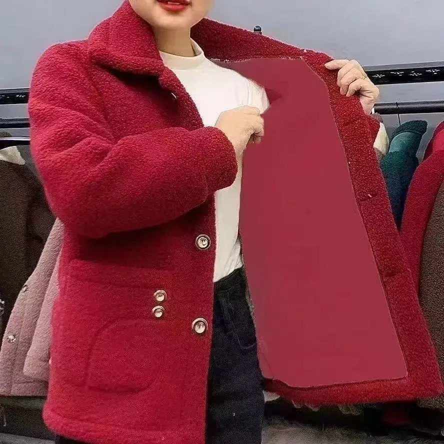 Thumbnail: Clothes Women Overcoat Velvet Thickened Lamb Fleece Long Sleeve Coat Warm Coat 