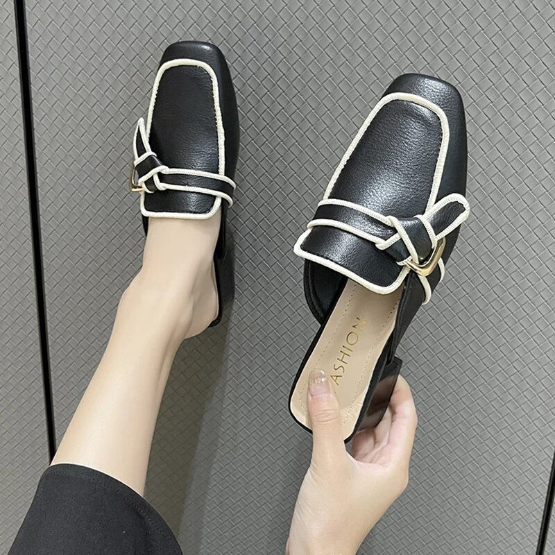 Miniaturebillede: Black Mules Shoes For Women Slip On Square Heel Slippers Women 2024 New Luxury