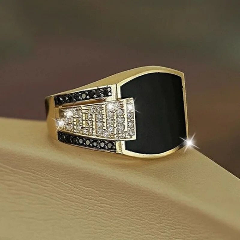 Miniatura: Classic Men's Ring Fashion Metal Gold Color Inlaid Black Stone Zircon Punk Ring