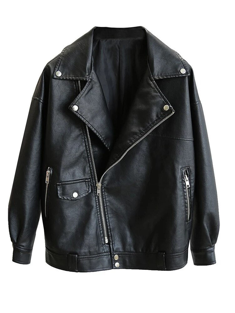 Thumbnail: FTLZZ New Autumn Women Faux Leather Jacket Motorcycle Biker Pu Leather Coat Bla
