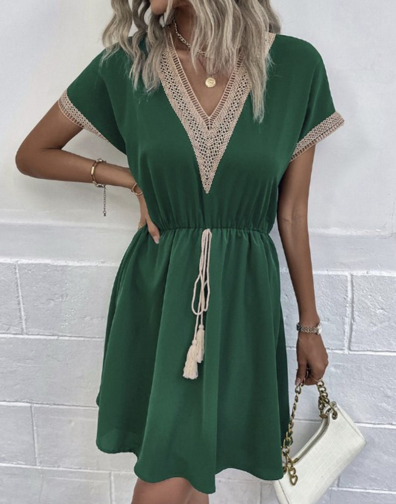 Miniatiūra: Elegant Women's White Dresses 2023 Summer Solid Short Sleeve Lace V-Neck Waistb