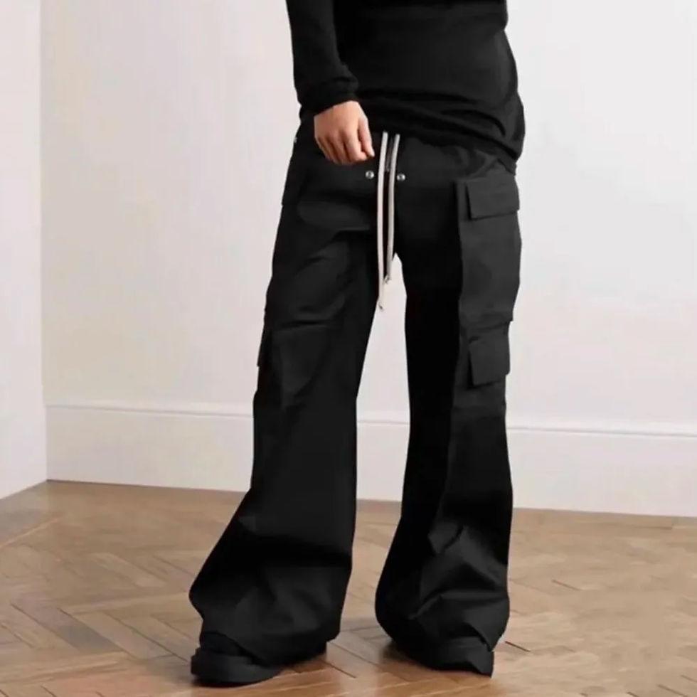 Miniatura: Ro Style Wide Leg Drawstring Black Cargo Pants Unisex Straight Baggy Casual Ove