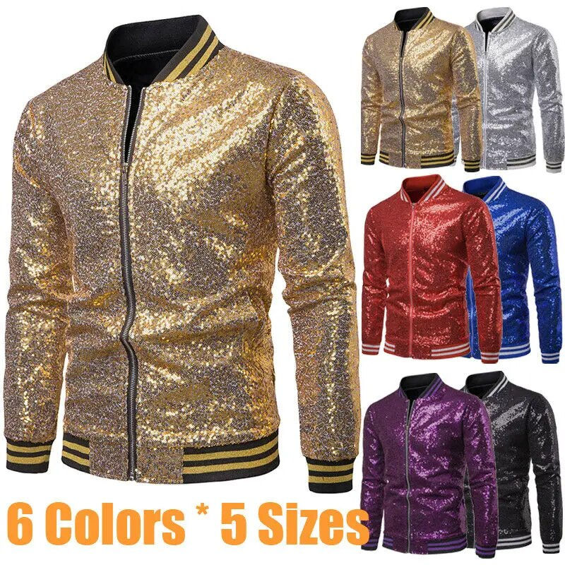 Thumbnail: Men Male Sequined Stylish Slim Long Sleeve Baseball Jacket Coat Zipper Coat Wed