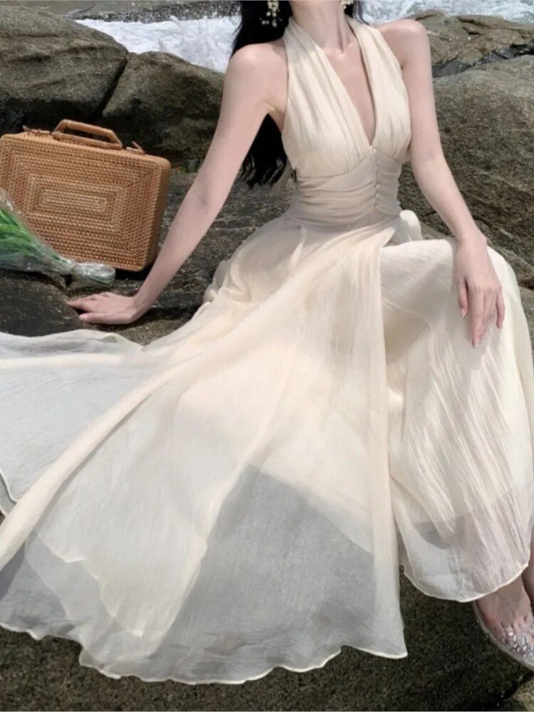 Thumbnail: Summer Sleeveless Halter Long White Maxi Dress Elegant Tight Waist V-neck Beach