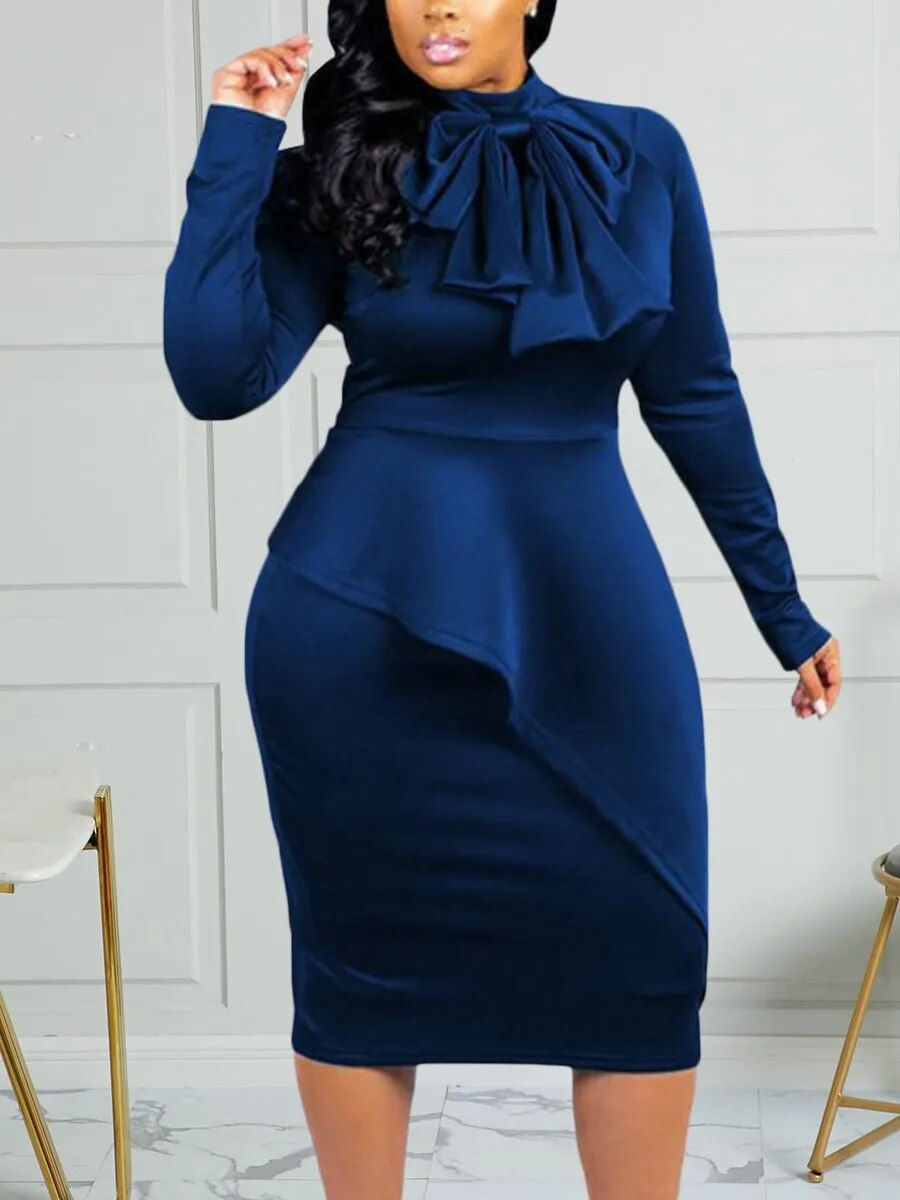 Thumbnail: LW Plus Size Bow-tie Decor Bodycon Dress Elegant Romantic Ribbon Collar Long Sl