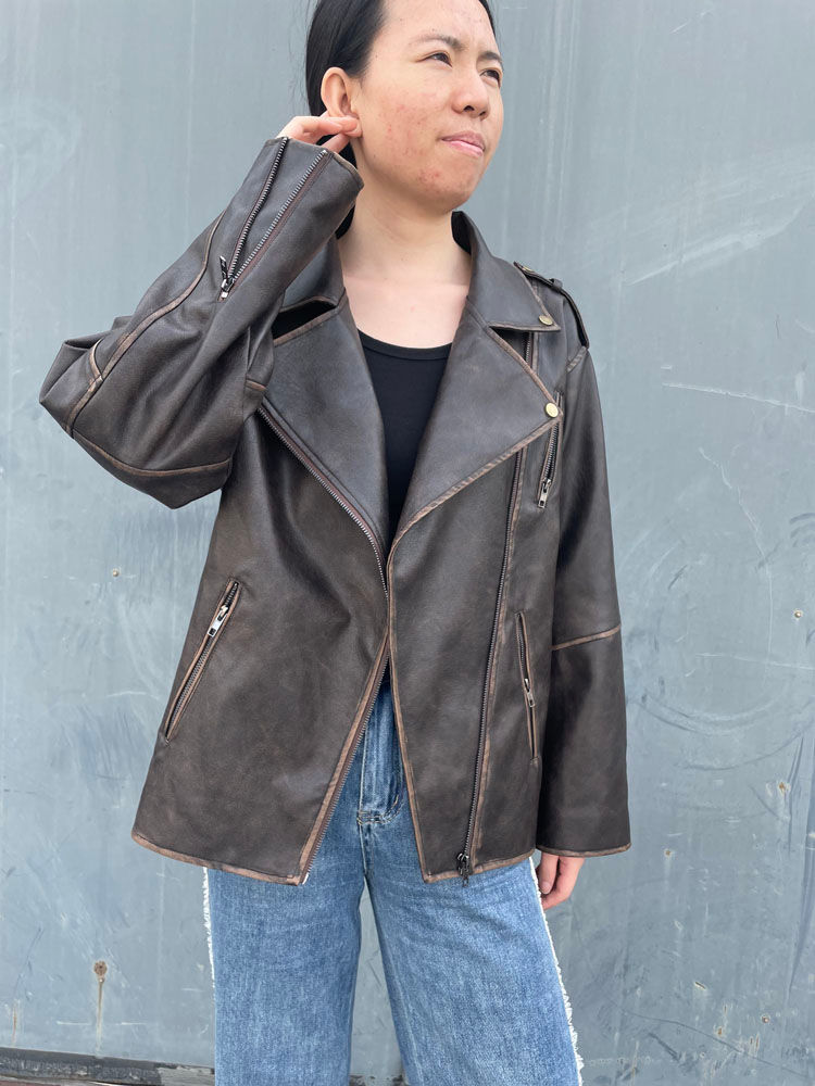 Thumbnail: RR2478 Streetwear Worn Effect Bike Leather Jackets For Women Oversized Boyfrien