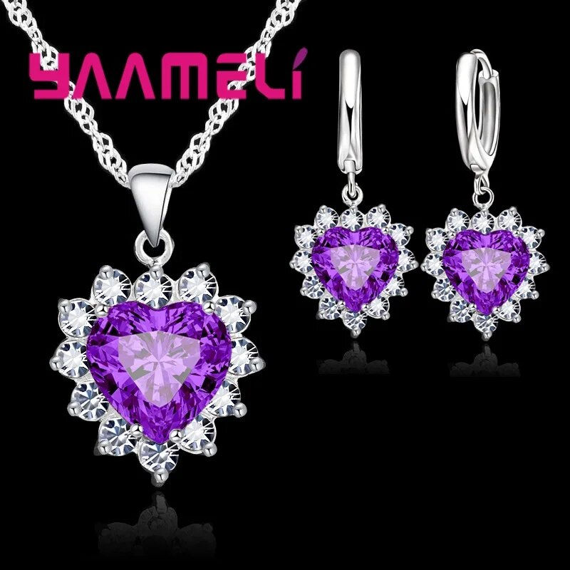 Miniatura: Trendy 925 Sterling Silver Jewelry Set for Women Heart CZ Stone Charm Pendants 