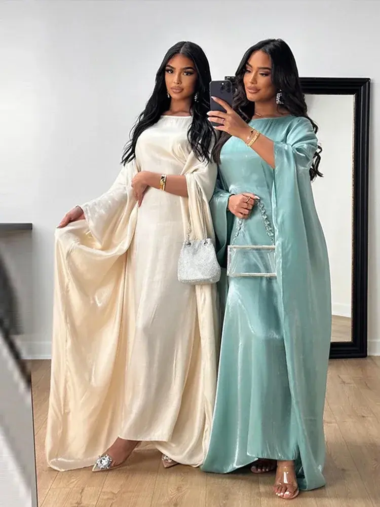 Miniaturebillede: Fashion Glossy Gauze Muslim Kimono Abaya O-neck Maxi Robe Women 2024 Spring Sum