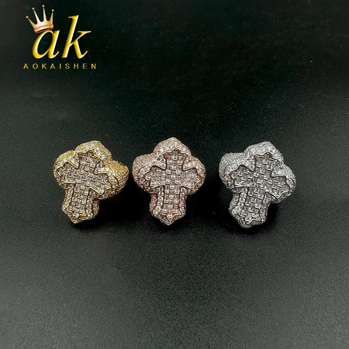 Aokaishen Cross Finger Ring Iced Out AAAAA Zircon Prong Setting Fashion Luxulry