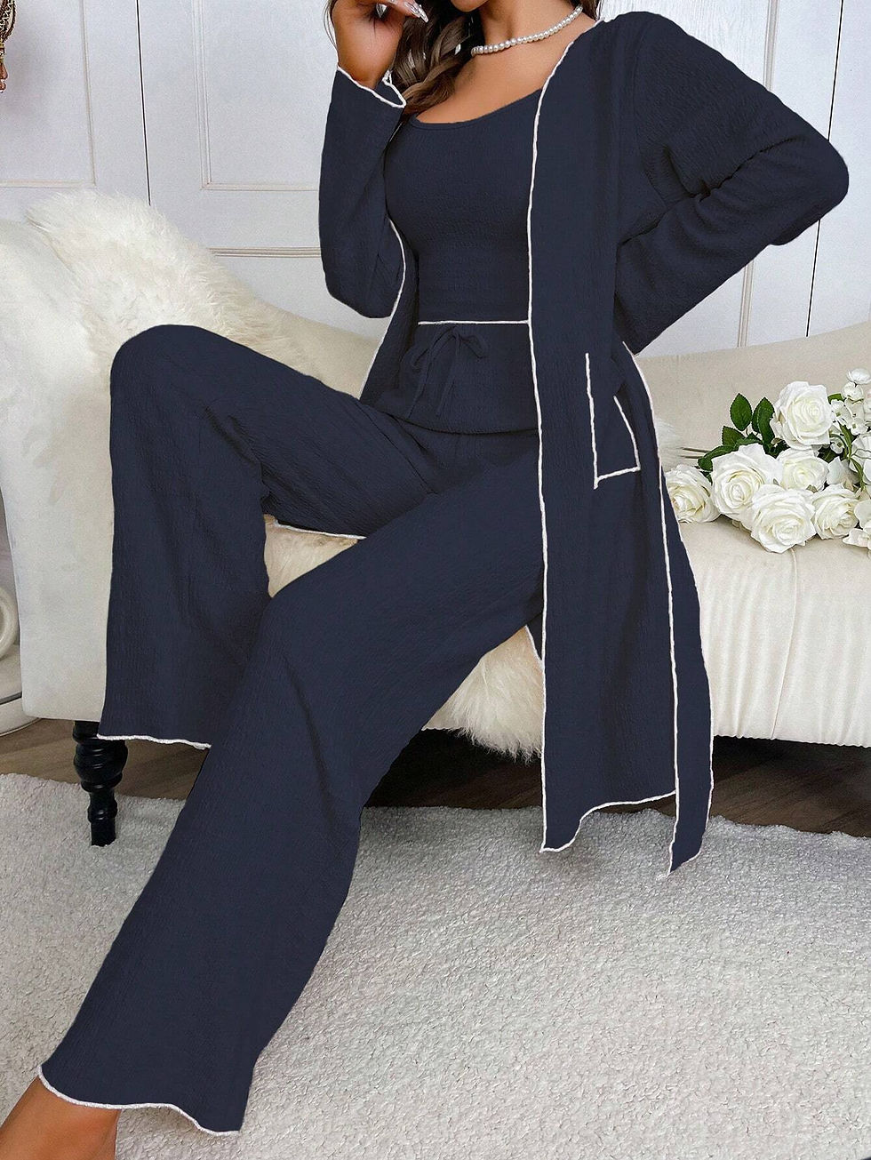 Thumbnail: Contrast Binding Belted Robe & Cami Top & Pants Lounge Set