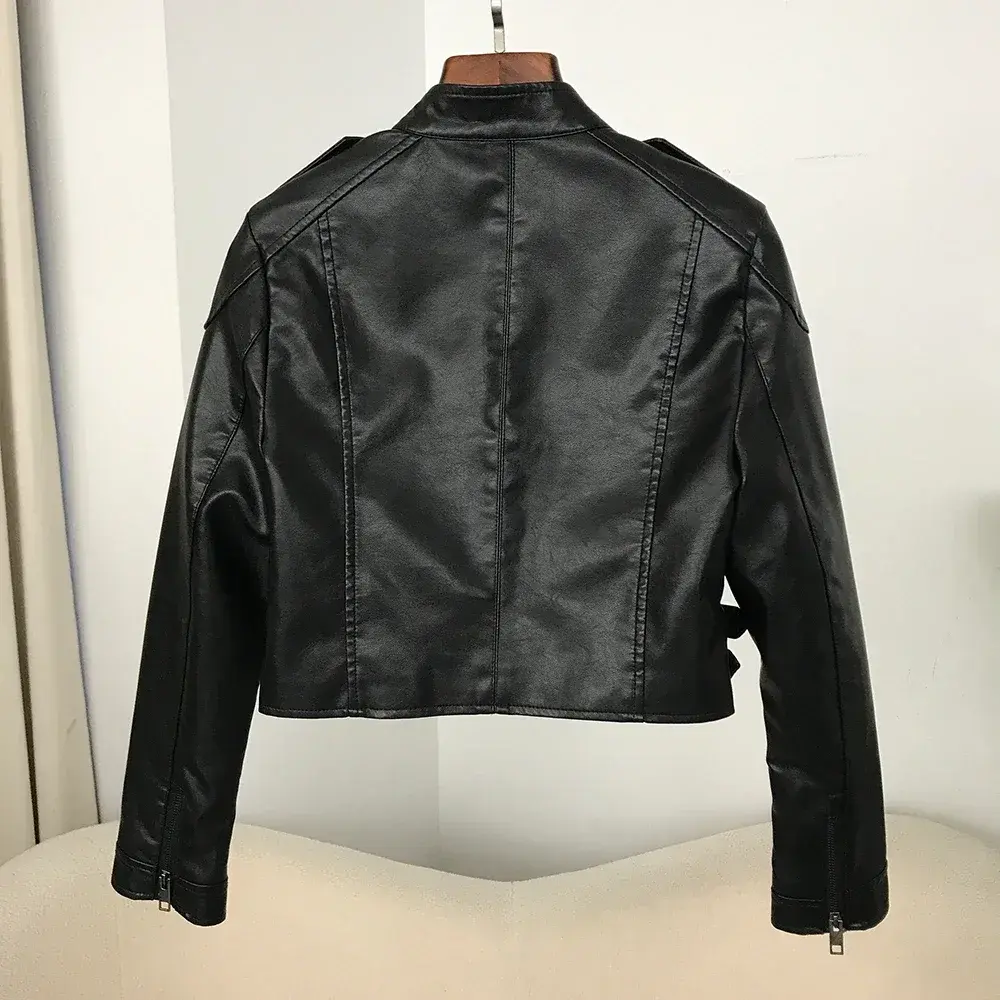 New Fashion Faux Leather Biker Jacket Women High Waist Fashion Slim Short Motor