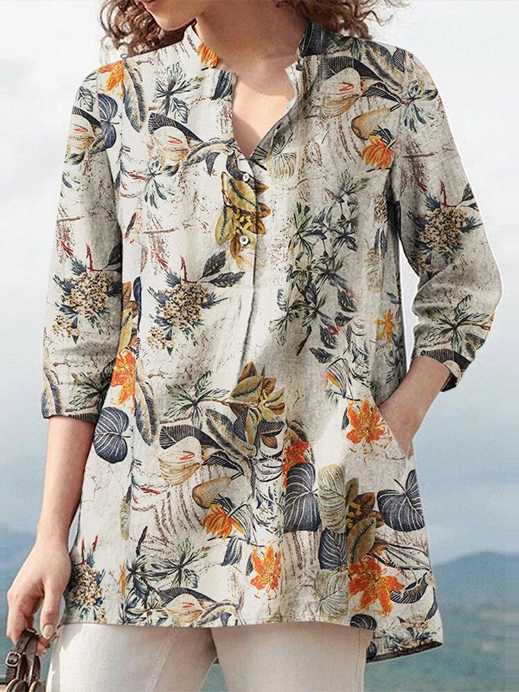 Miniatura: Floral  Printed Blouse Oversized Women Casual V Neck 3/4 Sleeve Shirt ZANZEA Re