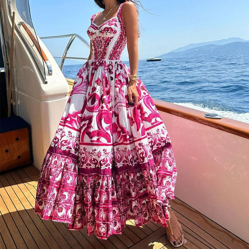 Thumbnail: JAMERARY 2024 Summer Runway Red White Porcelain Floral Print Long Maxi Beach Dr