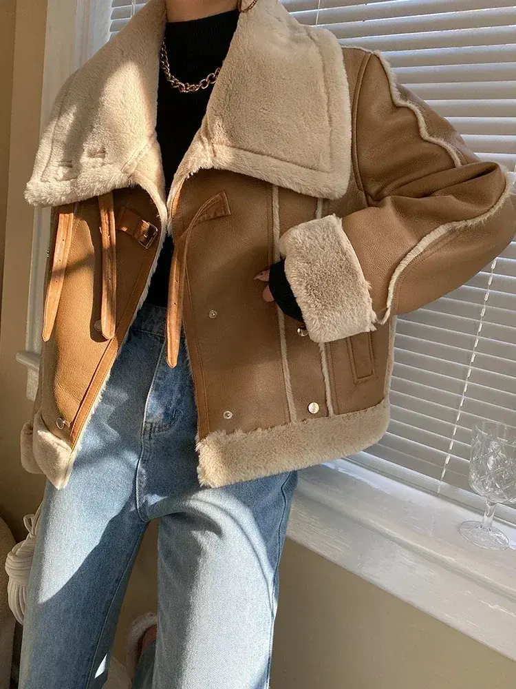 Thumbnail: 2024 New Women Vintage Thick Warm Eco-friendly Leather Fur Jacket Autumn Winter
