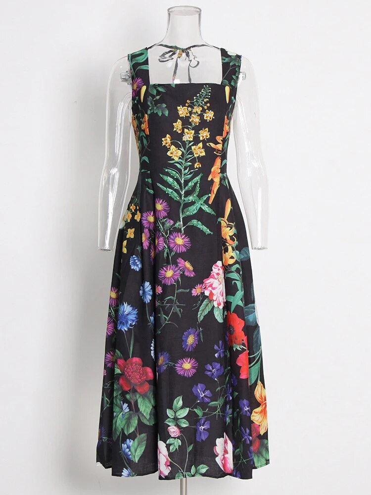 Thumbnail: UCXQ Retro Blue Printed Hollow Out Design Slim Fit Ruffles Patchwork Strapless 