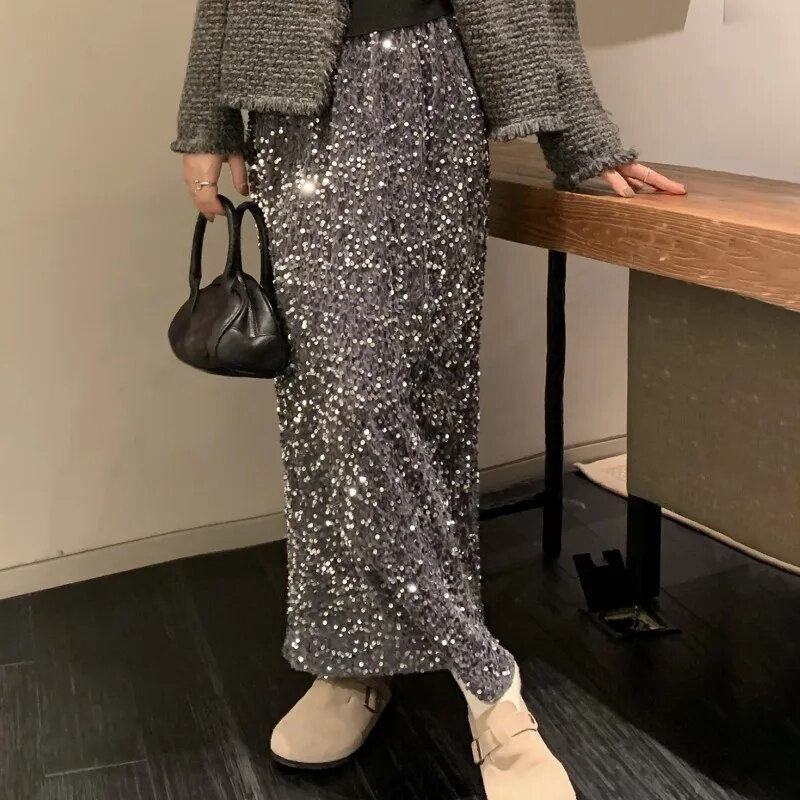 Miniatura: Women Elegant Shiny Sequined Long Skirt Summer Fall Elastic Waist Casual Skirts