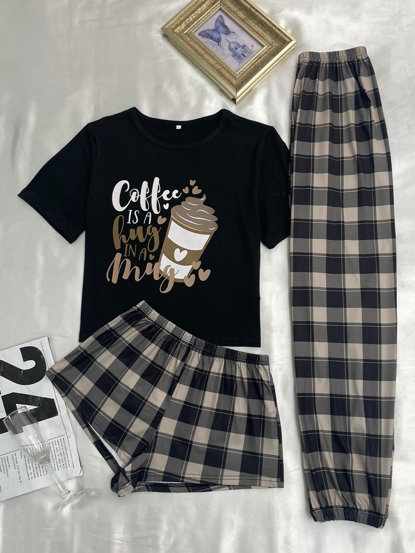 1 Slogan Graphic Tee & 1 Gingham Print Pants & 1 Shorts PJ Set / Pajama Set