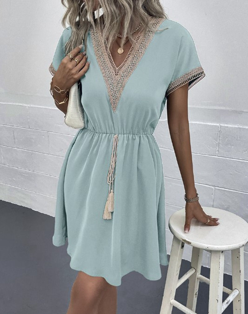 Miniatură: Elegant Women's White Dresses 2023 Summer Solid Short Sleeve Lace V-Neck Waistb