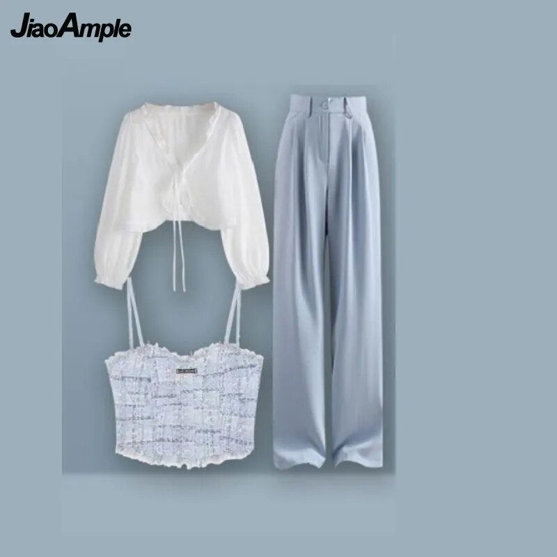 Miniatura: Women's Summer Suit 2023 New Long Sleeved Sunscreen Shirt+Strap+Wide Leg Pants