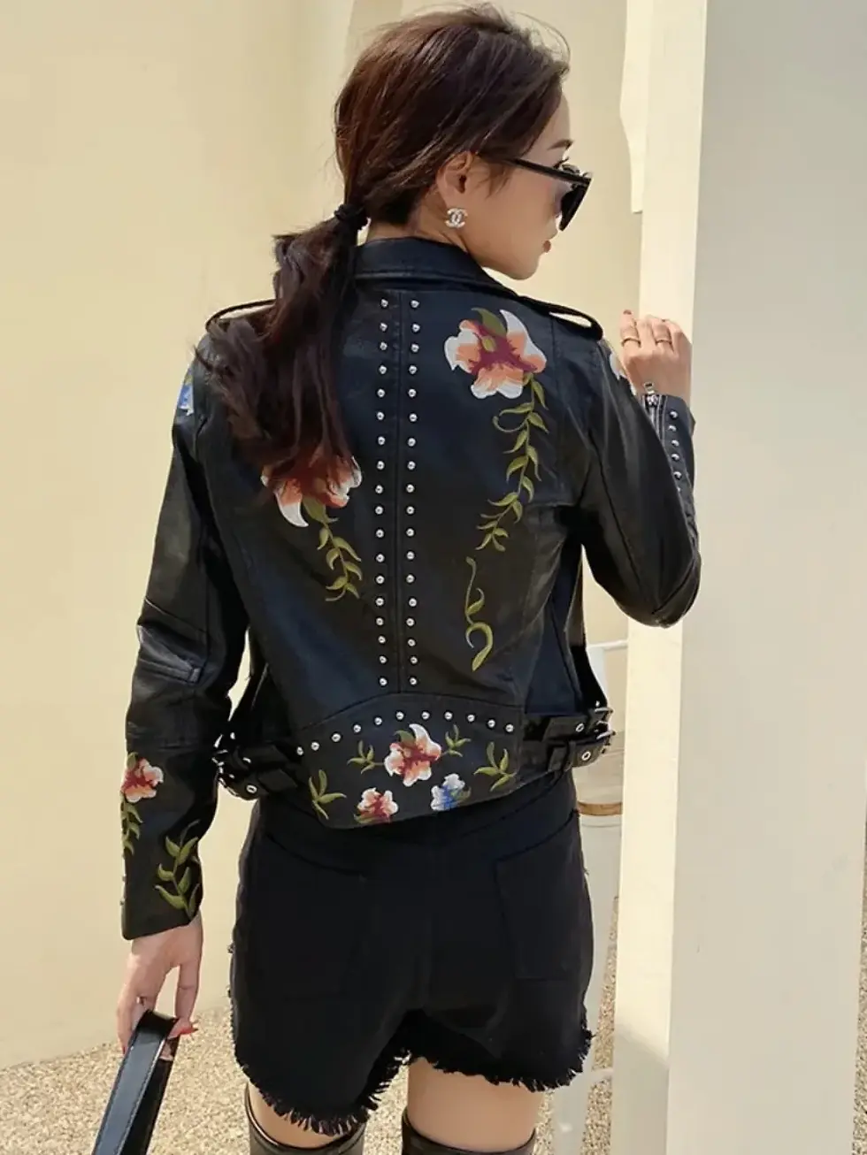 Thumbnail: Moto & Biker Streetwear Zipper Overcoat Women's Jackets PU Leather Embroidered