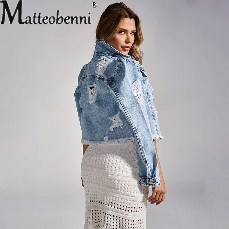 Thumbnail: Fashion Broken Holes Long Sleeves Button Splicing Denim Jacket Women's Streetwe