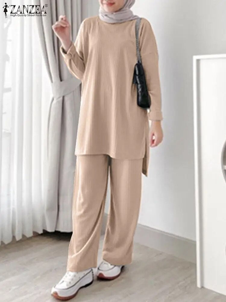 Miniaturebillede: Muslim Tracksuits ZANZEA Fashion Women Loose Matching Sets Summer Long Sleeve B