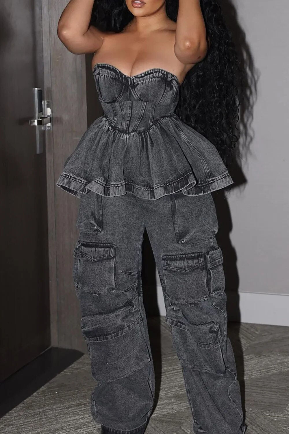 Women's Washed Denim Casual Two-Piece Set 2024 Spring Fashionable Plus Size Bla