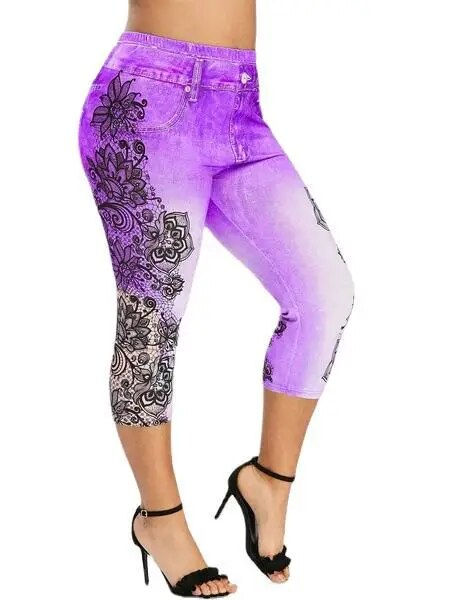 Pikkukuva: Women's Printed Denim Sportswear Leggings Oversized Hip Lifting Yoga Pants Plus