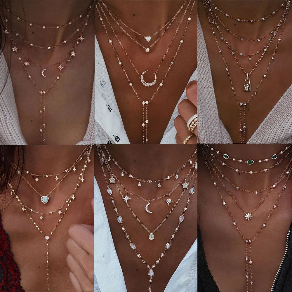 New Vintage Crystal Geometry Star Moon Lock Necklace For Women 2020 Boho Multi-