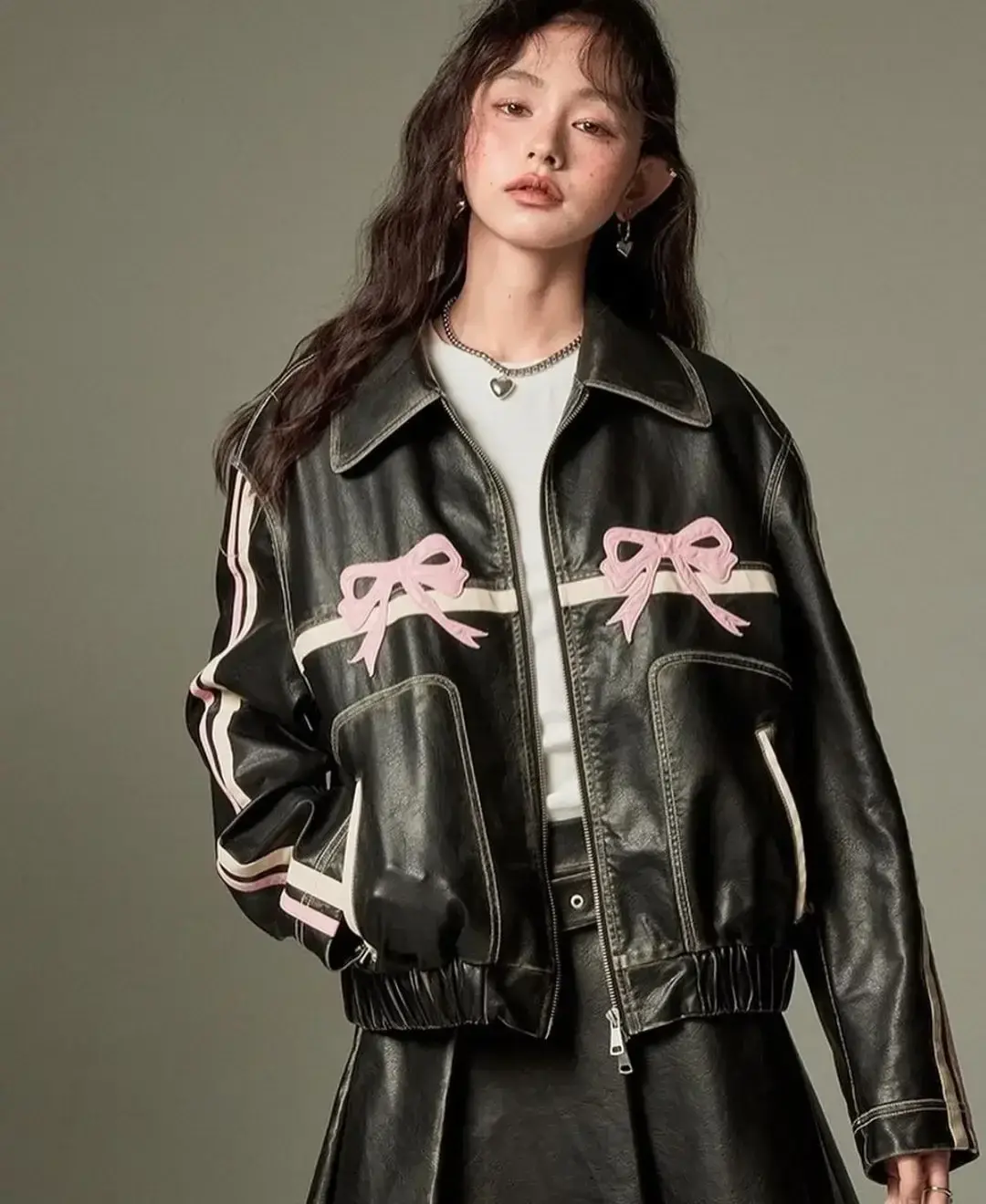Contrast Sweet Cool Women's Bow Leather Jacket Fashion Lapel Long Sleeve Zipper