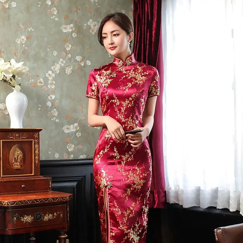 Miniatura: Elegant New Brocade Satin Long Fork Cheongsam Chinese Classic Women's Qipao Sho